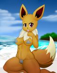  absurd_res anthro anthrofied beach big_breasts bikini black_nose breasts camel_toe chest_tuft clothing cloud cute deerrobin eevee female fluffy fluffy_tail hi_res huge_breasts looking_at_viewer nintendo nipple_bulge open_mouth outside pok&eacute;mon pok&eacute;mon_(species) pok&eacute;morph purple_eyes sea seaside solo swimsuit tongue tuft video_games water 