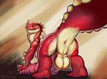animal_genitalia anus arm_spikes back_spikes backsack balls big_balls big_penis bodily_fluids butt claws colored conrad_(drag'n_wash) digital_drawing_(artwork) digital_media_(artwork) drag'n_wash dragon english_text erection eyebrow_spikes feral gator_dragon_games genital_fluids genitals hand_on_penis hi_res huge_penis hyper hyper_genitalia hyper_penis kingowl looking_at_viewer looking_back low-angle_view male male_feral multicolored_body mythological_creature mythological_scalie mythology naelstrof_(publisher) paws penis penis_on_ground pink_anus pink_penis precum precum_on_ground presenting presenting_hindquarters pupils quadruped red_body ribbed_penis scalie shaded sheath slit_pupils smile smiling_at_viewer solo spiked_tail spikes spikes_(anatomy) tail teeth teeth_showing text thick_tail thick_thighs toe_claws two_tone_body wide_tail wingless_dragon yellow_eyes