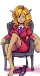  2019 anthro barefoot blonde_hair breasts callie_briggs clothed clothing dbaru digital_media_(artwork) domestic_cat felid feline felis female footwear fur green_eyes hair high_heels long_hair mammal pose shirt shoes simple_background sitting smile solo suit swat_kats tan_fur white_background 