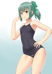  30-06 bangs black_swimsuit bow competition_school_swimsuit covered_navel cowboy_shot gradient gradient_background green_hair hair_bow hand_on_hip highres kantai_collection looking_at_viewer one-piece_swimsuit ponytail school_swimsuit solo standing swimsuit white_background yellow_eyes yuubari_(kantai_collection) 