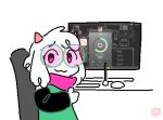 ambiguous_gender anthro arm_warmers armwear black_arm_warmers black_armwear black_clothing blush bovid caprine chair clothing computer_mouse darkner deltarune electronics eyebrows eyewear floppy_ears furniture gaming gesture glasses goat green_clothing green_eyewear green_glasses green_robe hand_gesture hi_res horn keyboard looking_at_viewer mammal monitor monitor_stand osu! pink_eyes pink_horn pink_scarf playing_video_game ralsei robe scarf simple_background simple_mouth smile solo thumbs_up tinted_glasses trans_(lore) undertale_(series) vertexxx watermark white_background white_body white_ears white_hands