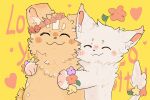 2026 3:2 ambiguous_feral ambiguous_gender blush blush_stickers brown_body brown_fur canid canine canis canon_couple cel_shading chugou_(fabulous_beasts) closed_smile digital_drawing_(artwork) digital_media_(artwork) domestic_cat domestic_dog duo english_description eyes_closed fabulous_beasts felid feline felis feral flower_garland flower_on_head front_view fur fur_tuft hi_res hug hugging_another inner_ear_fluff male_(lore) mammal monotone_body monotone_fur mouth_closed nonbinary_(lore) quadruped shaded shanque_(fabulous_beasts) simple_background smile straw_dog tail tail_tuft text text_background tuft white_body white_fur xiangrui yellow_background