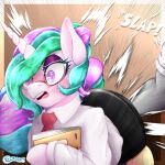 1:1 absurd_res accessory bestiality big_butt blush blushing_profusely butt butt_slap c33purr clothing duo equid equine eyewear female feral friendship_is_magic front_view garter_straps glasses hasbro hi_res horn huge_butt human human_on_feral interspecies male male/female mammal my_little_pony mythological_creature mythological_equine mythology necktie princess_celestia_(mlp) shirt shocked slap slap_(sound_effect) spanking surprised topwear wearing_glasses winged_unicorn wings