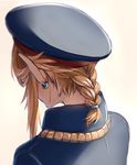  blonde_hair braid from_behind hat link long_hair male_focus military military_hat military_uniform neck otton simple_background solo the_legend_of_zelda the_legend_of_zelda:_breath_of_the_wild uniform 