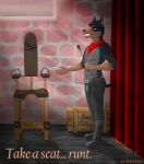 anthro basement bdsm bondage boots bottomwear bound bulge canid canine canis chair clothing dobermann domestic_dog footwear foreplay furniture hi_res leather leather_boots leather_bottomwear leather_clothing leather_footwear leather_pants male mammal muscular pants pinscher riding_crop runt shoes solo text treat wasder26 whip worship