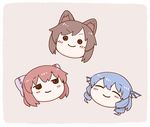  &gt;:) bangs blue_hair blush_stickers bow brown_hair chibi closed_eyes closed_mouth commentary_request disembodied_head drill_hair eyebrows_visible_through_hair grass_root_youkai_network hair_bow head_fins imaizumi_kagerou looking_at_viewer multiple_girls pink_background poronegi red_hair sekibanki short_hair simple_background smile touhou v-shaped_eyebrows wakasagihime 