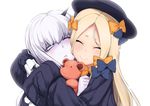  ^_^ abigail_williams_(fate/grand_order) bangs black_bow black_dress black_hat blonde_hair bow closed_eyes closed_mouth commentary_request dress fate/grand_order fate_(series) forehead hair_between_eyes hair_bow hat horn hug lavinia_whateley_(fate/grand_order) long_sleeves looking_to_the_side multiple_girls object_hug orange_bow pale_skin parted_bangs parted_lips polka_dot polka_dot_bow purple_eyes simple_background sleeves_past_fingers sleeves_past_wrists smile stuffed_animal stuffed_toy tanabe_(studio_tiamat) teddy_bear white_background white_hair wide-eyed 