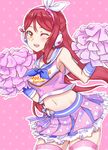  blush brown_eyes cheerleader long_hair love_live!_sunshine!! maroon_hair sakurauchi_riko skirt smile wink 