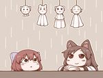  animal_ears blue_bow bow brown_background brown_hair closed_mouth disembodied_head hair_bow imaizumi_kagerou looking_up multiple_girls poronegi red_hair sekibanki smile teruterubouzu touhou wakasagihime wolf_ears 