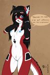  2017 ara blue_eyes breasts dialogue female fluff-kevlar fur invalid_tag machine monochrome multicolored_fur nipples nude pussy robot simple_background solo text 