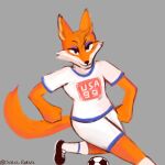 1:1 2026 anthro arms_bent ball big_pupils big_tail black_clothing black_footwear black_nose black_shoes blue_shirt_collar blue_trim bottomwear canid canine cheek_tuft cleats closed_smile clothing digital_drawing_(artwork) digital_media_(artwork) digital_painting_(artwork) eyebrows eyeshadow facial_tuft female fifa fist fluffy fluffy_tail footwear fox fur grey_background handle head_tuft hi_res kick kicking_ball logo_on_shirt looking_at_viewer makeup mammal markings mascara mouth_closed multicolored_body multicolored_fur number_on_jersey number_on_shirt nutmeg_(fifa) orange_body orange_fur painting_(artwork) pink_inner_ear pupils purple_eyeshadow raised_eyebrow red_fox running shaded shirt shoes shorts signature simple_background sketchy smile soccer soccer_ball soccer_jersey soccer_socks soccer_uniform solo solo_ruksel sport sportswear tail thin_eyebrows topwear true_fox tuft twitter_handle two_tone_body two_tone_fur uniform white_body white_bottomwear white_clothing white_fur white_shirt white_shorts white_topwear world_cup