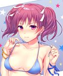  bangs bikini blue_bikini blue_ribbon blush bracelet breasts commentary_request eyebrows_visible_through_hair hair_ribbon halterneck hands_up jewelry kazuno_leah looking_at_viewer love_live! love_live!_sunshine!! micro_bikini natamiya pink_ribbon purple_eyes purple_hair ribbon small_breasts solo star starry_background swimsuit tearing_up twintails untying upper_body v-shaped_eyebrows wrist_ribbon 