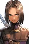  armor bangs belt blue_eyes brown_hair closed_mouth dragon_quest dragon_quest_xi hankuri hero_(dq11) leather_belt looking_at_viewer male_focus parted_bangs simple_background solo sword upper_body weapon weapon_on_back white_background 