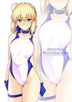  ahoge artoria_pendragon_(all) bare_shoulders belt_collar blonde_hair blue_gloves blue_ribbon blush braid breasts closed_mouth commentary_request competition_swimsuit contrapposto cowboy_shot embarrassed eyebrows_visible_through_hair fate/stay_night fate_(series) gloves green_eyes hair_between_eyes hair_ribbon harukon_(halcon) highres legband looking_at_viewer medium_breasts one-piece_swimsuit ribbon saber short_hair solo standing swimsuit white_swimsuit zoom_layer 