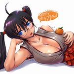  ahoge amania_orz black_hair blue_eyes breasts cleavage commentary_request food fruit glasses huge_breasts looking_at_viewer orange original sleeveless solo twintails 