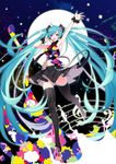  :d absurdly_long_hair absurdres ahoge arm_up armpits bass_clef black_legwear black_skirt blue_hair eighth_note eyes floating_hair full_moon groin hair_ornament hatsune_miku headphones highres long_hair long_legs looking_at_viewer midriff miniskirt moon musical_note navel open_mouth shiny shiny_clothes shiny_skin sixteenth_note skirt sleeveless smile solo staff_(music) stomach tell_your_world_(vocaloid) thighhighs treble_clef twintails very_long_hair vocaloid wrist_cuffs yaoshi_jun 