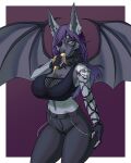 4:5 absurd_res anthro arm_tattoo banana bat big_breasts bottomwear breasts choker clothed clothing ear_piercing ear_ring eating eating_food eye_patch eyewear female food front_view fruit fur grey_body grey_fur hair hi_res jewelry leather leather_bottomwear leather_clothing leather_pants mammal masika02 megabat multiple_piercings navel navel_piercing neck_tuft necklace pants piercing plant pointy_ears purple_hair ring_piercing sierra_(sonomahyenaz) simple_background solo spread_wings tattoo topwear tuft wings yellow_eyes