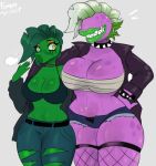 alternative_fashion big_breasts biped blush bottomwear breasts choker chomper_(pvz) cleavage clothed clothing denim denim_bottomwear denim_clothing duo electronic_arts elemental_creature elemental_humanoid eyebrow_piercing eyelashes eyeless facial_piercing female female/female fishnet_clothing fishnet_legwear flora_fauna fumonpaw furgonomic_piercing furgonomics goth gradient_pseudo_hair green_body green_lips green_pseudo_hair grey_background hi_res humanoid jacket jeans jewelry larger_female leaf leaf_hair legwear lips makeup mascara necklace not_furry orange_eyeshadow pants peablaze_(leafpaw) peashooter_(pvz) piercing pink_body plant plant_hair plant_humanoid plants_vs._zombies popcap_games pseudo_hair pupils purple_body purple_clothing purple_jacket purple_topwear running_makeup running_mascara sharp_teeth simple_background siphon_(anatomy) size_difference smaller_female teal_bottomwear teal_clothing teal_jeans teal_pants teal_pseudo_hair teeth thick_thighs topwear torn_bottomwear torn_clothing torn_jeans torn_pants white_pseudo_hair yellow_eyes