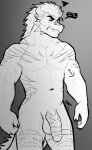 2023 5_fingers abs absurd_res anchor_tattoo angry annoyed anthro arm_markings arm_tattoo balls big_penis biped black_claws black_eyebrows black_sclera chest_markings chin_spikes claws closed_frown dated demon dialogue dragon ear_piercing ear_ring english_text eyebrows facial_spikes featureless_chest fingers flaccid front_view frown genital_markings genitals glans gradient_background grey_background greyscale hair half-closed_eyes hi_res horn humanoid_genitalia humanoid_penis leg_markings looking_at_viewer male male_anthro mane mane_hair markings monochrome mouth_closed muscular muscular_anthro muscular_male mythological_creature mythological_scalie mythology narrowed_eyes navel non-mammal_balls penis penis_markings piercing portrait red_eyes ring_piercing scalie shoulder_markings signature simple_background snaggle_tooth sneer solo spikes spikes_(anatomy) spot_color standing tail tail_mane tattoo text thergderg thorin_eldridge three-quarter_portrait