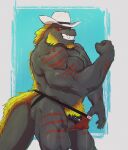 anonymous_artist anthro arm_markings balls biceps bodily_fluids butt clothing clothing_pull cowboy cowboy_hat deltoids dinosaur dripping eye_markings feather_pubes feathered_dinosaur feathered_scalie feathers flexing flexing_bicep forearm_muscles genital_fluids genitals hat headgear headwear hi_res jockstrap leaking_precum leg_markings male markings muscular muscular_anthro muscular_arms muscular_legs muscular_male orange_body orange_feathers pecs penis precum precum_drip precum_string precum_through_clothing precum_through_underwear prehistoric_species reptile scalie shoulder_markings smile smiling_at_viewer solo tail teeth thick_tail triceps underwear underwear_pull vein veiny_penis wet wet_clothing