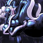 1:1 abstract_background alternate_species animal_humanoid anthro back_zipper black_body boots breasts butt cartoon_gloves clothed clothing cowlick ears_down eyes_closed falgaia female footwear frilly frilly_clothing glistening glistening_body gloves grey_background grin grinning_at_viewer hair handwear hi_res humanoid latex latex_body latex_clothing latex_gloves latex_handwear latex_legwear latex_thigh_highs laugh legwear living_latex magpie_doll_(falgaia) maid_uniform mammal mammal_humanoid mephitid mephitid_humanoid monet_(falgaia) multicolored_body pattern_clothing permanent_smile pivoted_ears platform_footwear presenting presenting_hindquarters public_domain raised_leg shoes side_boob simple_background skunk skunk_humanoid skunk_tail smile smiling_at_viewer snout solo squinted_eyes striped_body striped_clothing striped_hair stripes thigh_boots thigh_highs toony uniform upskirt