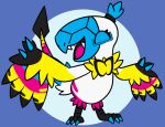 2024 anthro archen arm_markings black_body black_feathers black_ribbon blue_body blue_claws blue_eyewear blue_feathers blue_glasses blue_hair blue_scales blue_tail claws eyewear fangs feathered_arms feathered_wings feathers fossil_pokemon generation_5_pokemon glasses hair happy hi_res markings nintendo open_mouth pink_body pink_feathers pink_tail pink_tongue pokecember pokecember_2024 pokemon pokemon_(species) scales smile solo spade_tail sylvie_(trooper3) tail tail_markings teeth tongue trooper3 two_tone_ribbon white_body white_feathers white_tail wing_markings winged_arms wings yellow_body yellow_feathers yellow_ribbon yellow_tail