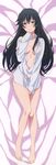  absurdres barefoot bed_sheet black_hair blue_eyes blush breasts cleavage dakimakura dress_shirt from_above full_body grey_shirt hair_between_eyes hair_ribbon highres long_hair looking_at_viewer lying medium_breasts naked_shirt navel on_back open_clothes open_shirt red_ribbon ribbon shiny shiny_skin shirt smile solo very_long_hair yahari_ore_no_seishun_lovecome_wa_machigatteiru. yukinoshita_yukino 