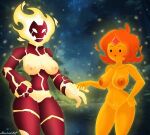 2025 adventure_time alien alien_humanoid areola ben_10 blush breasts cartoon_network chaquetrix dark_areola duo elemental_creature elemental_humanoid female fire fire_creature fire_humanoid flame_princess garlockart genitals heatblast hi_res humanoid larger_female nipples not_furry nude orange_body pseudo_hair pubes pyronite red_body size_difference smaller_female vulva yellow_body