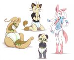  anthro bottomless bound_wrists clothed clothing craymin diaper eeveelution feral goodra looking_at_viewer male meowth multiple_images nervous nintendo pacifier pancham pok&eacute;mon pok&eacute;mon_(species) shy sylveon video_games 