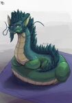 2026 ambiguous_feral ambiguous_gender artist_name back_mane barbel_(anatomy) beard broken_horn countershade_neck countershade_tail countershading dated digital_drawing_(artwork) digital_media_(artwork) dragon ear_tuft eastern_dragon facial_hair feral flesh_whiskers front_view full-length_portrait green_beard green_body green_facial_hair green_hair green_scales green_sideburns grey_background hair head_horn hi_res horn inner_ear_fluff looking_at_viewer mouth_closed multicolored_body mythological_creature mythological_scalie mythology overbite portrait procreate_(artwork) raz_(raz_wulf) raz_wulf scales scalie sideburns simple_background sitting snout solo tail tan_body tan_countershading text tuft yellow_inner_ear_fluff yellow_sclera