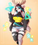 2026 5:6 anthro antlers armwear belt big_breasts black_belt black_body black_clothing black_fur black_hair black_jacket black_legwear black_nose black_thigh_highs black_topwear blue_highlights blue_tongue bottomwear breasts brown_eyes clothed clothing cloven_hooves countershade_face countershade_torso countershading deer denim denim_bottomwear denim_clothing denim_shorts digital_media_(artwork) ear_piercing facial_piercing female fishnet_armwear fishnet_clothing fishnet_legwear fully_clothed fur glowstick grey_body grey_fur hair hi_res highlights_(coloring) holding_glowstick holding_object hooves horn hotpants industrial_piercing jacket jewelry legwear long_sleeves looking_at_viewer mammal midriff navel necklace nipple_outline nose_piercing nose_ring on_one_leg piercing raccoon_tail_hair ring_piercing septum_piercing septum_ring shaded shorts solo spider_bones standing tail thigh_gap thigh_highs thong_straps tongue tongue_out tongue_piercing tongue_stud topwear tube_top wide_hips yellow_clothing yellow_topwear