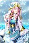  artist_name blue_eyes breasts earrings eeryuu_(2004107) fire_emblem fire_emblem_heroes flower fur_trim gem gunnthra_(fire_emblem) hat highres horse ice jewelry large_breasts long_hair low_twintails pink_hair sitting snow snowing solo twintails veil 