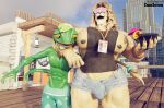 3d_(artwork) anthro arm_on_shoulder beverage big_muscles bottomwear building cafe camseven chameleon clothed clothing denim denim_bottomwear denim_clothing denim_shorts digital_media_(artwork) epic_games eyewear felid fishnet_clothing fishnet_shirt fishnet_topwear floor fortnite hi_res id_tag jewelry kingston_(fortnite) lion lizard male male/male mammal mane muscular muscular_anthro muscular_male necklace outside pantherine pink_clothing pink_thong pink_underwear reptile ring scalie shirt shorts sign skyscraper sunglasses text thong topless topwear underwear url watermark wood wood_floor wristband ziggy_(fortnite)