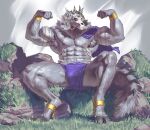 2026 4_horns 5_fingers abs alternate_version_at_paywall anthro barbell_piercing biceps big_muscles black_markings bone bottomwear bracelet capelet chain clothed clothed_anthro clothed_male clothing curled_horn day deltoids digital_drawing_(artwork) digital_media_(artwork) digitigrade ear_piercing ear_ring facial_markings fingers flexing flexing_bicep flexing_both_biceps forehead_markings front_view full-length_portrait fur gold_(metal) gold_tooth grass grey_body grey_fur grey_inner_ear grey_inner_ear_fluff head_horn head_markings hi_res hooves horn huge_muscles inner_ear_fluff jewelry kharvyn_threx'maor_(furryandthotdestroyer) kingarthur_i latissimus_dorsi leg_bracelet loincloth loincloth_only looking_at_muscles looking_at_self male markings monotone_body monotone_fur multi_horn muscular muscular_anthro muscular_male nipple_barbell nipple_piercing nipples object_in_mouth outside pecs piercing plant portrait purple_bottomwear purple_capelet purple_clothing purple_eyes purple_loincloth ring_piercing rock sharp_teeth sitting skull skull_head smoke smoking_pipe smoking_pipe_in_mouth solo striped_arms tan_stripes teeth topless topless_anthro topless_male tuft unguligrade unknown_species