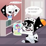 101_dalmatian_street 101_dalmatians 1:1 black_body black_fur black_spots canid canine canis dalmatian delilah_(101_dalmatians) disney dizzy_(101_dalmatians) domestic_dog drawing_(object) duo english_text facial_markings female feral fur head_markings heterochromatic_ears hi_res holding_drawing leg_markings mammal markings mask_(marking) seisai1751 socks_(marking) speech_bubble spots spotted_body spotted_fur text white_body white_fur white_spots