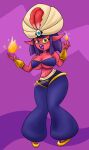 3_eyes absurd_res belly big_breasts bottomwear bra bracelet breasts clothing demizora eyelashes female fire genie gold_(metal) hair headgear headwear hi_res humanoid jewelry jinn lips long_ears multi_eye navel noseless oversized_bottomwear oversized_clothing pointy_ears pointy_shoes purple_hair red_body red_skin religious_clothing religious_headwear solo thick_lips turban underwear