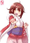  artist_logo brown_eyes brown_hair cowboy_shot dated floral_print fur-trimmed_kimono fur_trim furisode hair_flaps hairband highres index_finger_raised japanese_clothes kanon_(kurogane_knights) kantai_collection kimono looking_at_viewer open_mouth pink_hairband pink_kimono shiratsuyu_(kantai_collection) short_hair simple_background smile solo standing white_background 