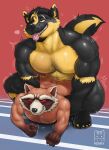 anal anal_penetration anthro balls_deep black_body black_fur bodily_fluids body_hair brown_body brown_fur butt canid canine canis chest_hair crouching donkey_henry drooling duo eye_roll eyebrow_scar eyebrows facial_scar fist flynn_(flynnthewolfuwu) from_behind_position fucked_silly fur grin guardians_of_the_galaxy hi_res jockey_position looking_pleasured male male/male mammal marvel motion_lines muscular muscular_male muscular_top penetration penile penile_penetration penis_in_ass procyonid prone_bone_position raccoon red_sclera rocket_raccoon saliva scar sex smile sweat tail tongue tongue_out translucent_tail trapezius veiny_neck waist_grab wolf yellow_body yellow_fur