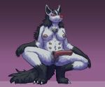 2026 3_toes 6:5 6_nipples animal_genitalia anthro black_body black_fur black_markings breasts claws crotch_tuft crouching cute_fangs digital_drawing_(artwork) digital_media_(artwork) eyebrow_piercing facial_piercing fangs feet female fluffy fluffy_tail frown full-length_portrait fur generation_3_pokemon genitals gold_piercing gradient_background grey_body grey_fur hair hi_res hyena ladder_piercing lidded_eyes long_hair long_tail looking_at_viewer looking_down looking_down_at_viewer mammal markings medium_breasts mightyena multi_nipple nintendo nipples piercing pink_nipples pointy_ears pokemon pokemon_(species) portrait prick_ears pseudo-penis pseudo-penis_piercing purple_background red_eyes red_nose simple_background soyesoye tail teeth toe_claws toes tuft white_claws yellow_sclera