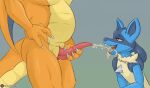 anthro anthro_peeing bodily_fluids charizard digital_media_(artwork) drinking drinking_urine duo enjoying_urine flat_triangles generation_1_pokemon generation_4_pokemon genital_fluids genitals hand_on_hip hi_res holding_penis lucario male male/male male_peed_on male_peeing male_peeing_on_male nintendo peeing penis pokemon pokemon_(species) pupils slightly_chubby slit_pupils tapering_penis urine urine_in_mouth urine_stream watersports yellow_urine