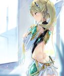  alternate_hairstyle armor ass blonde_hair breasts butt_crack dress gloves highres hikari_(xenoblade_2) hinot indoors jewelry large_breasts long_hair looking_to_the_side ponytail smile solo sunlight tiara xenoblade_(series) xenoblade_2 yellow_eyes 