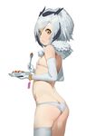  animal_ears ass back bare_shoulders bra butt_crack closed_mouth commentary_request cowboy_shot curry curry_rice eating elbow_gloves flat_chest food food_on_face from_behind fur_collar gloves grey_hair highres holding kemono_friends looking_at_viewer looking_back northern_white-faced_owl_(kemono_friends) panties rice short_hair simple_background single_thighhigh skindentation solo spoon standing thighhighs underwear waterkuma white_background white_bra white_legwear white_panties wristband 