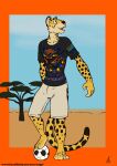 2020 africa anthro ball black_body black_clothing black_fur black_shirt black_topwear border bottomwear cheetah clothing colored dated day felid feline fur hi_res long_tail male mammal markings open_mouth orange_body orange_border orange_fur outside plant savanna shirt shorts sky smile soccer_ball south_africa south_african_flag spots spotted_body spotted_fur t-shirt tail tan_body tan_bottomwear tan_clothing tan_fur tan_shorts teeth text topwear tree url whitecolt_productions yellow_body yellow_fur