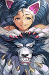  angry animal_ears bare_shoulders big_hair blue_eyes blue_fur blue_hair capcom cat_ears cat_girl cat_paws choker claws fake_animal_ears felicia fur gallon grin half-closed_eyes hankuri headband long_hair looking_at_viewer paws red_eyes smile snout vampire_(game) werewolf white_choker wolf 