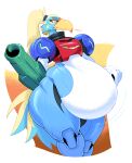 2026 anthro arm_cannon armor avian beak belly belly_overhang big_belly bird bloated blue_body blue_clothing blue_feathers boot_(artist) clothing digital_drawing_(artwork) digital_media_(artwork) feathers female hi_res huge_belly love_handles machine metroid metroid_ravenous nintendo obese obese_female overweight overweight_female power_armor red_clothing samus_aran solo yellow_beak yellow_body yellow_feathers zero_suit