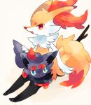 2021 ambiguous_anthro ambiguous_feral ambiguous_gender anthro biped braixen canid digital_media_(artwork) digitigrade dipstick_tail duo feral flesh_fang front_view generation_5_pokemon generation_6_pokemon hi_res looking_at_viewer mammal markings nintendo object_in_tail on_lap pokemon pokemon_(species) simple_background sitting snout stick stick_in_tail tail tail_markings three-quarter_view zoroa553 zorua