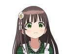  &gt;:( a.i._channel ama_usa_an_uniform angry apron bangs blunt_bangs blush brown_hair closed_mouth commentary eyebrows_visible_through_hair flower gochuumon_wa_usagi_desu_ka? green_eyes green_kimono hair_flower hair_ornament japanese_clothes kimono kizuna_ai long_hair looking_at_viewer maid_apron parody pink_ribbon polka_dot_trim portrait ribbon samuko solo striped striped_kimono ujimatsu_chiya v-shaped_eyebrows virtual_youtuber white_apron white_flower 