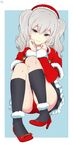  bangs black_legwear blue_background blue_eyes closed_mouth commentary_request dated dyxm eyebrows_visible_through_hair full_body fur-trimmed_hat fur-trimmed_sleeves fur_trim hat head_tilt high_heels highres kantai_collection kashima_(kantai_collection) kneehighs looking_at_viewer medium_hair outside_border panties pantyshot pantyshot_(sitting) red_footwear red_hat red_panties revision santa_costume santa_hat signature silver_hair simple_background sitting smile solo two_side_up underwear white_background 