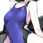  artoria_pendragon_(all) artoria_pendragon_(swimsuit_rider_alter) bare_arms bare_shoulders black_choker blonde_hair blue_swimsuit breasts choker collarbone commentary_request competition_swimsuit contrapposto fate/stay_night fate_(series) harukon_(halcon) head_out_of_frame highres medium_breasts one-piece_swimsuit pale_skin print_swimsuit short_hair side_cutout solo standing swimsuit upper_body 