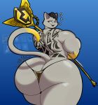 2026 absurd_res anthro artist_name big_butt big_forearms black_hair blind_eye blue_background brown_eyes butt butt_cleavage butt_focus cat_tail clothed clothing cute_fangs digital_drawing_(artwork) digital_media_(artwork) dipstick_tail domestic_cat epic_games eye_scar eyebrows facial_scar fangs felid feline felis forearm_muscles forearms fortnite fur gold_thong grey_body grey_fur hair hi_res holding_object holding_pickaxe holding_weapon huge_butt long_tail looking_back male male_anthro mammal markings meowdas motion_lines muscular muscular_anthro muscular_femboy muscular_male nervous nervous_smile open_:3 open_mouth open_smile pickaxe samucafujiwara scar shaded simple_background smile solo tail tail_markings teeth text thong thong_only topless underwear underwear_only weapon yellow_tail_tip